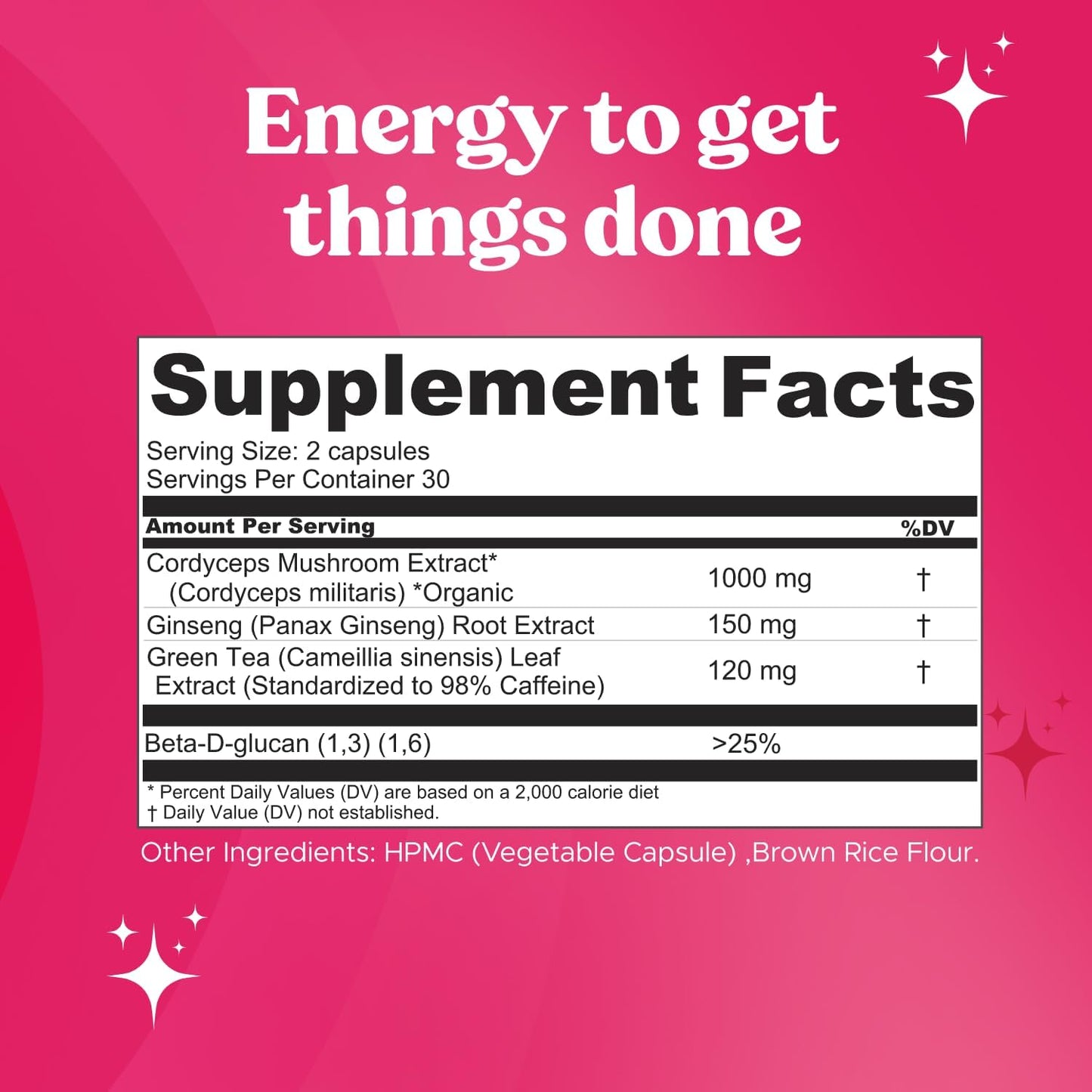 Energy & Focus Mushroom Supplement with Cordyceps, Beta-Glucan, Green Tea Extract, and Ginseng - Immune Support & Memory Boost - 60 Capsules