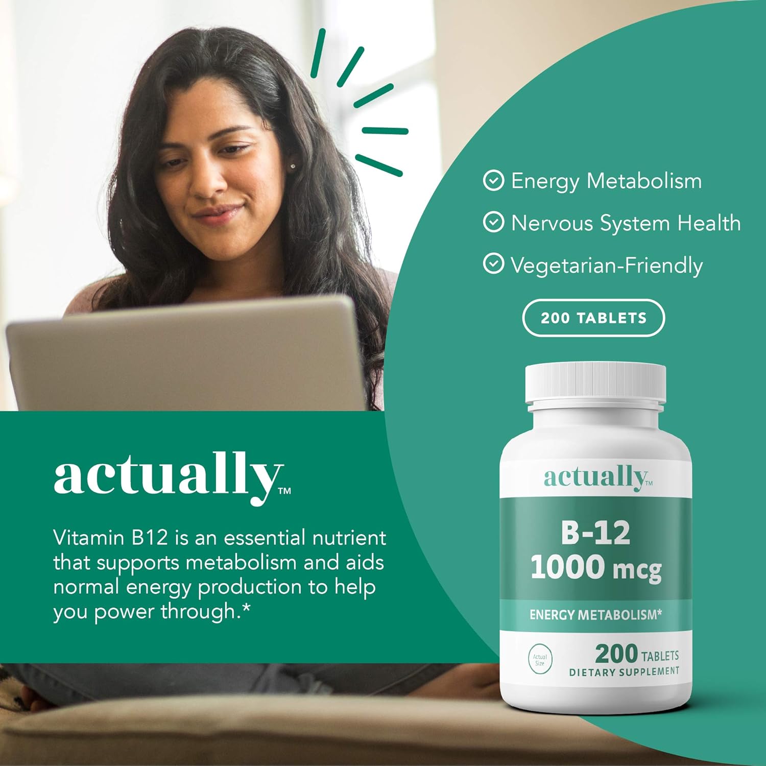 Energy Metabolism Support: Vitamin B12 1000mcg Tablets - 200 Day Supply with 200 Count