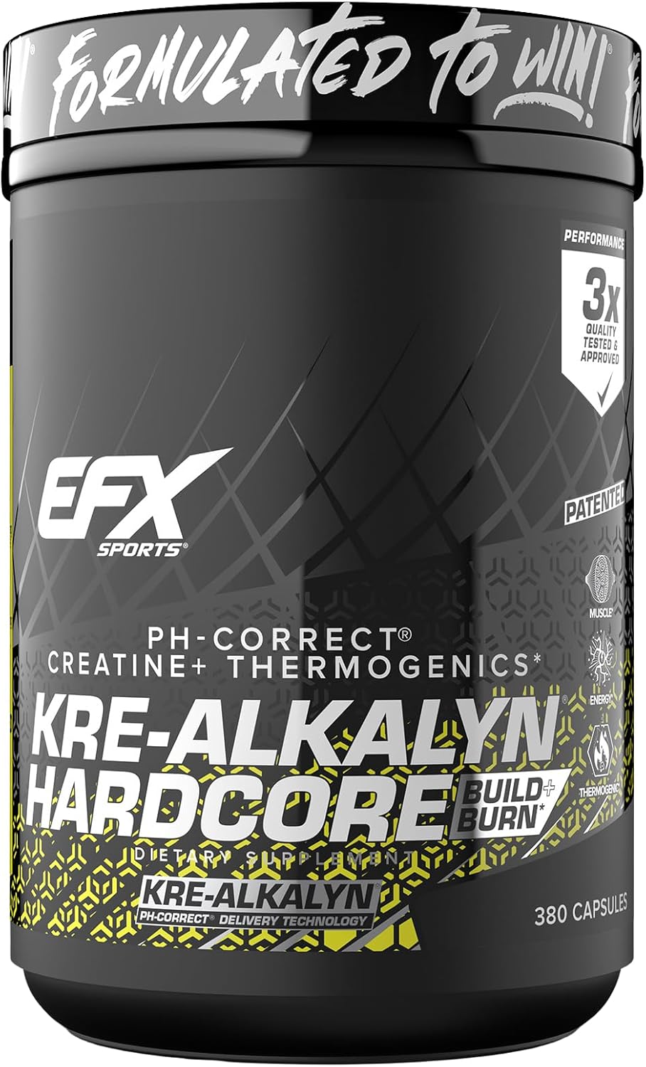 Energy & Strength Pre Workout Pills | EFX Sports Kre-Alkalyn Hardcore Creatine Monohydrate Supplement | Thermogenic pH Correct Formula | 380 Capsules, 126 Servings