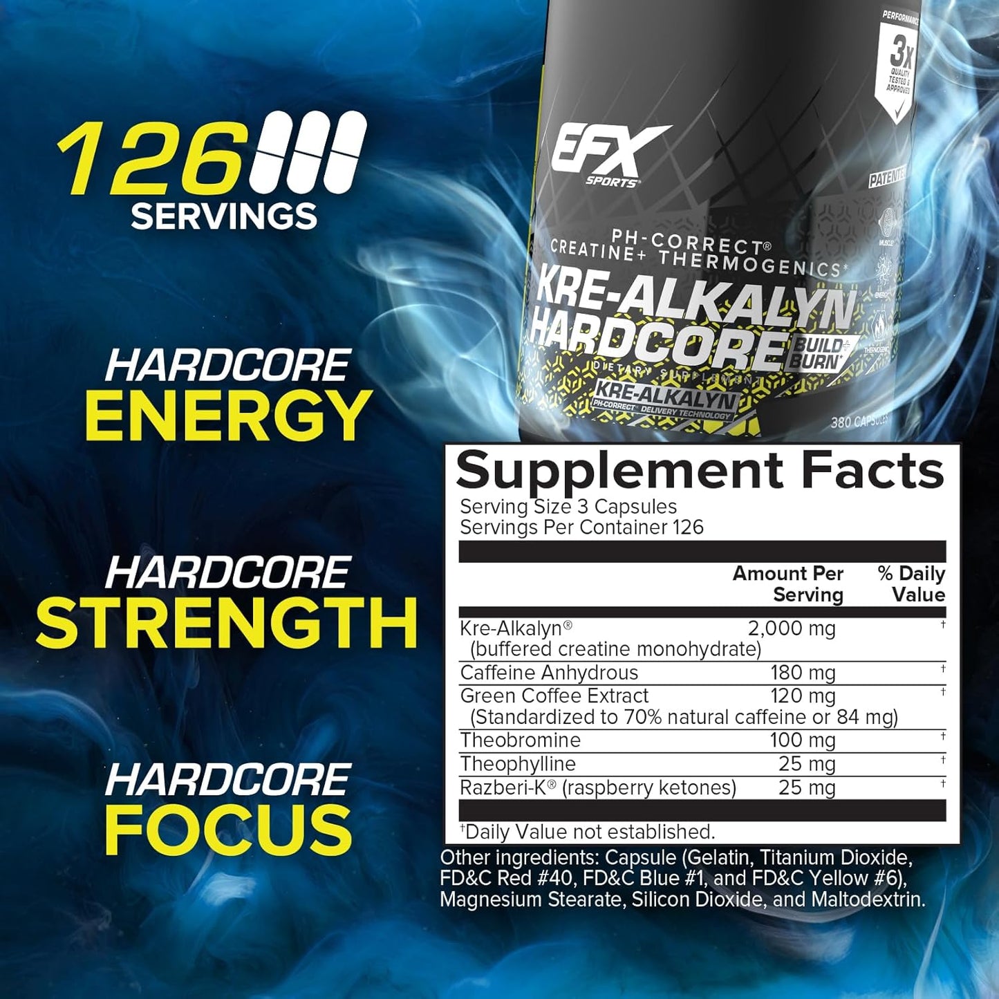 Energy & Strength Pre Workout Pills | EFX Sports Kre-Alkalyn Hardcore Creatine Monohydrate Supplement | Thermogenic pH Correct Formula | 380 Capsules, 126 Servings