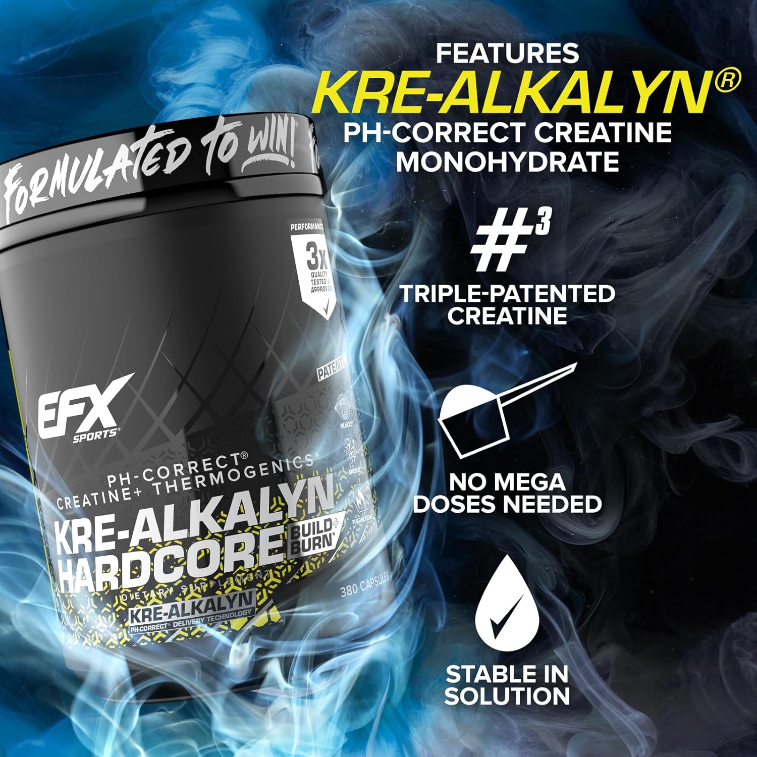 Energy & Strength Pre Workout Pills | EFX Sports Kre-Alkalyn Hardcore Creatine Monohydrate Supplement | Thermogenic pH Correct Formula | 380 Capsules, 126 Servings