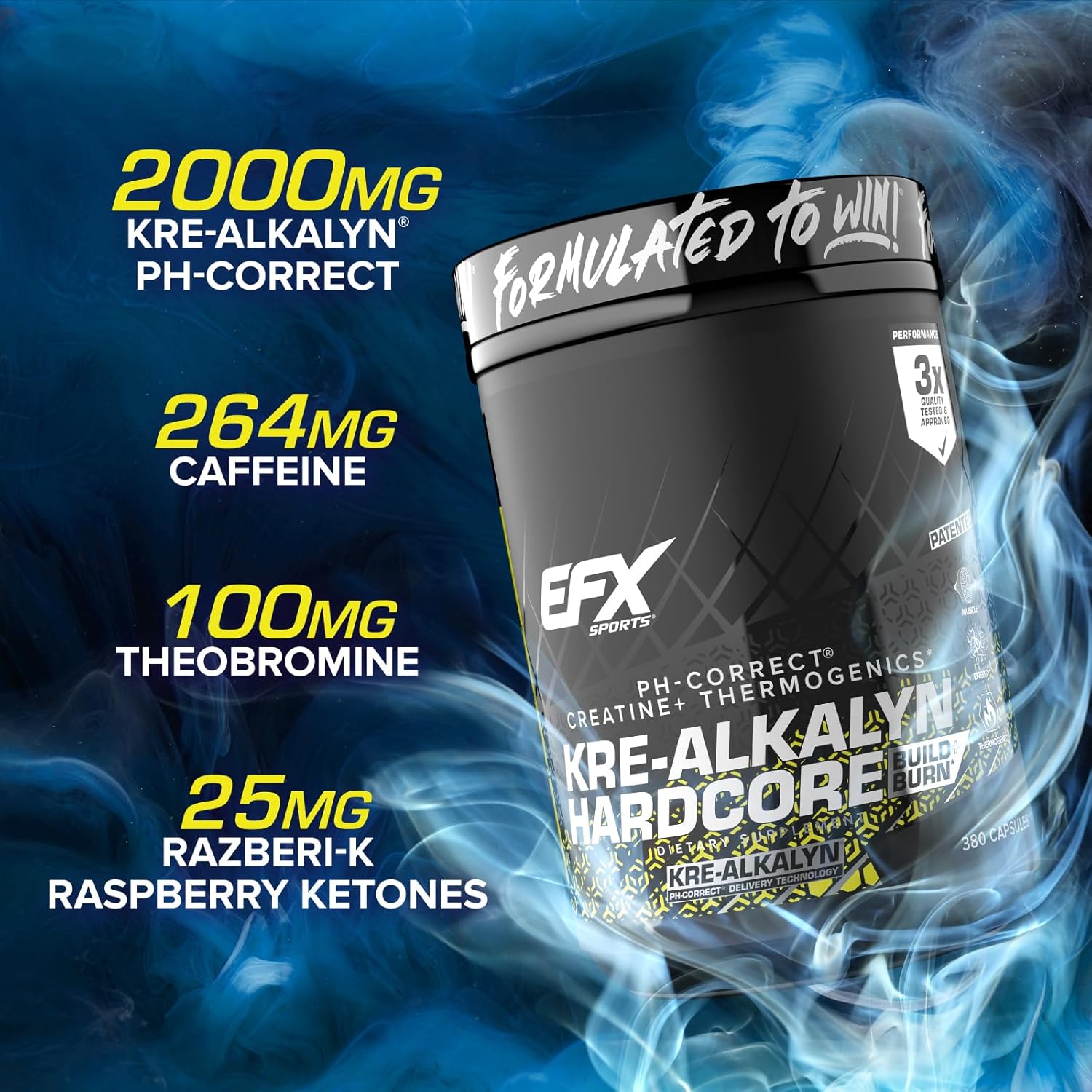 Energy & Strength Pre Workout Pills | EFX Sports Kre-Alkalyn Hardcore Creatine Monohydrate Supplement | Thermogenic pH Correct Formula | 380 Capsules, 126 Servings