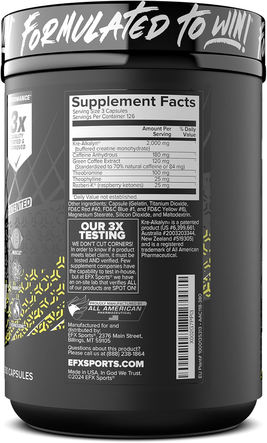 Energy & Strength Pre Workout Pills | EFX Sports Kre-Alkalyn Hardcore Creatine Monohydrate Supplement | Thermogenic pH Correct Formula | 380 Capsules, 126 Servings