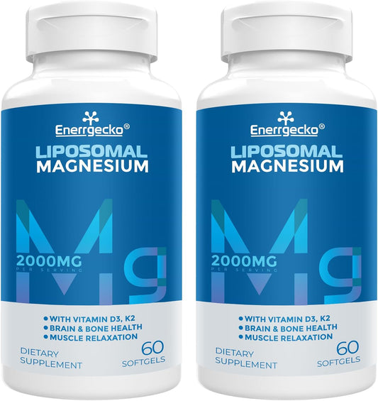 Enerrgecko Liposomal Magnesium L-Threonate Softgels 2000mg with Vitamin D3 & K2 - Brain, Bone Health, and Muscle Relaxation - Non-GMO, Gluten-Free - 120 Softgels (2 Pack)