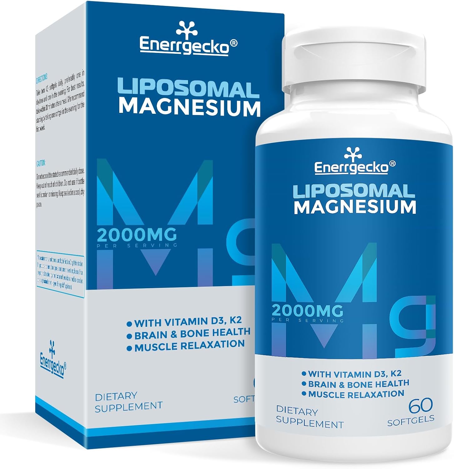 Enerrgecko Liposomal Magnesium Softgels 2000mg with Vitamin D3 & K2 for Brain, Bone Health, and Muscle Relaxation - Non-GMO, Gluten-Free 60 Softgels