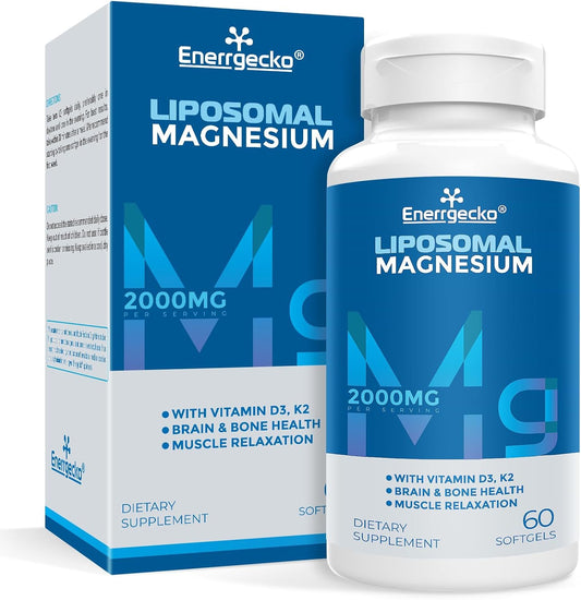 Enerrgecko Liposomal Magnesium Softgels 2000mg with Vitamin D3 & K2 for Brain, Bone Health, and Muscle Relaxation - Non-GMO, Gluten-Free 60 Softgels