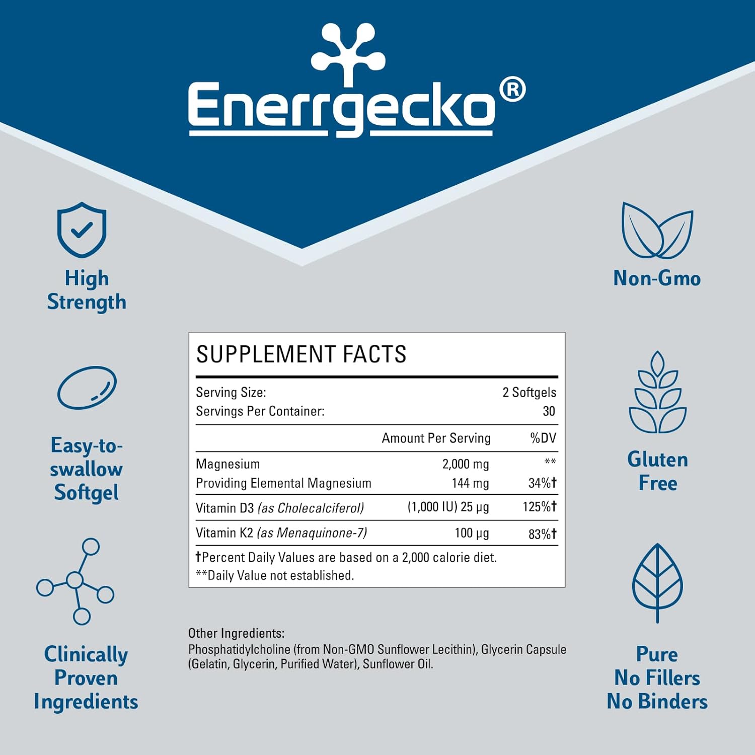 Enerrgecko Liposomal Magnesium Softgels 2000mg with Vitamin D3 & K2 for Brain, Bone Health, and Muscle Relaxation - Non-GMO, Gluten-Free 60 Softgels