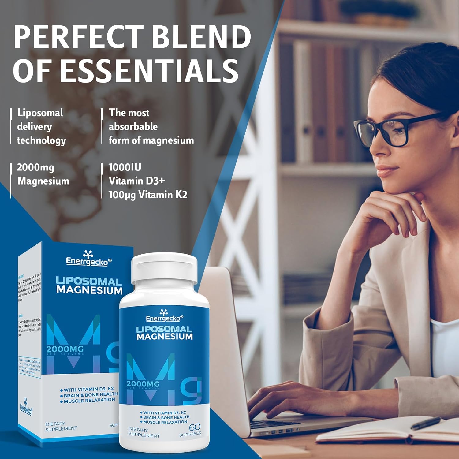 Enerrgecko Liposomal Magnesium Softgels 2000mg with Vitamin D3 & K2 for Brain, Bone Health, and Muscle Relaxation - Non-GMO, Gluten-Free 60 Softgels