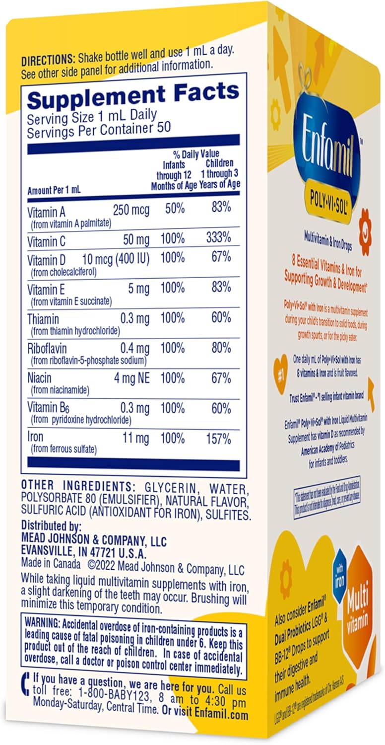 Enfamil Poly-Vi-Sol Liquid Multivitamin Drops with Iron for Growth & Development - 50mL Bottle (Pack of 3)