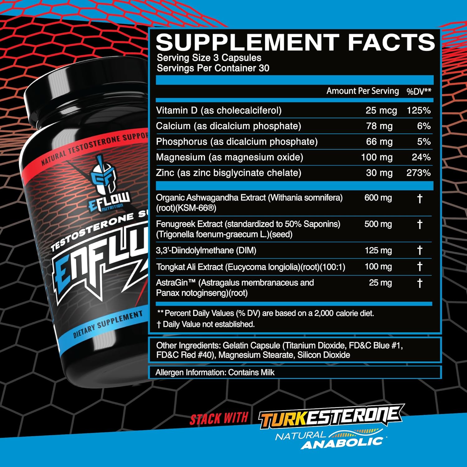 Enflux Natural Testosterone Support Supplement with Ashwagandha - Boost Lean Body Mass for Men and Women - Fenugreek, DIM, Longjack & AstraGin - 90 Capsules