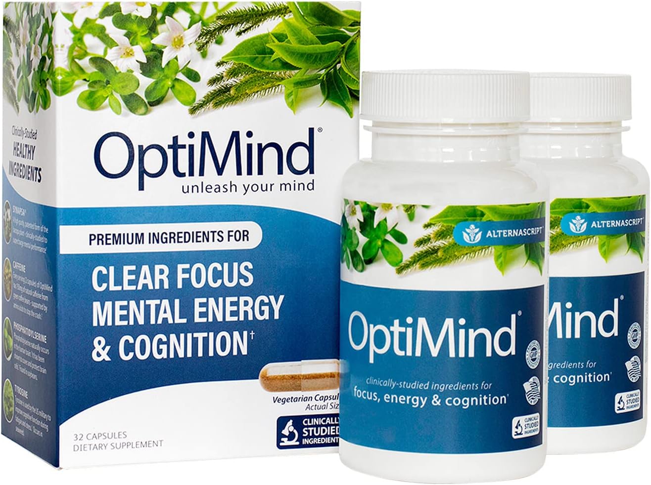 Enhance Focus and Cognition with Optimind Brain Booster Supplement - Clinically Studied Ingredients for Improved Retention and Sustained Energy - 2 Bottle Pack (64 Ct)