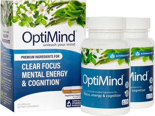 Enhance Focus and Cognition with Optimind Brain Booster Supplement - Clinically Studied Ingredients for Improved Retention and Sustained Energy - 2 Bottle Pack (64 Ct)