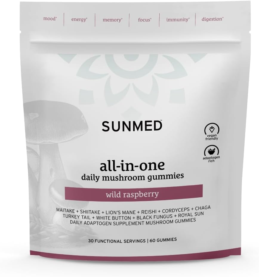 Enhance Focus and Mood with SUNMED All-in-One Mushroom Gummy Supplements - 60ct Cognitive and Immune Support with Wild Raspberry Flavor