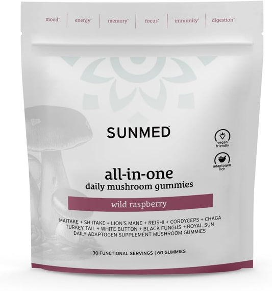 Enhance Focus and Mood with SUNMED All-in-One Mushroom Gummy Supplements - 60ct Cognitive and Immune Support with Wild Raspberry Flavor