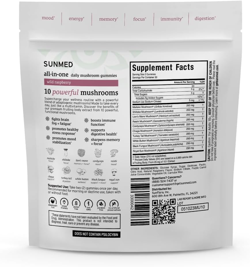 Enhance Focus and Mood with SUNMED All-in-One Mushroom Gummy Supplements - 60ct Cognitive and Immune Support with Wild Raspberry Flavor