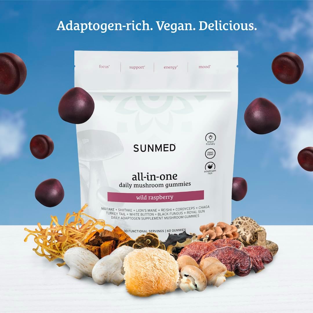 Enhance Focus and Mood with SUNMED All-in-One Mushroom Gummy Supplements - 60ct Cognitive and Immune Support with Wild Raspberry Flavor