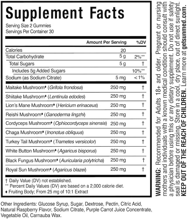 Enhance Focus and Mood with SUNMED All-in-One Mushroom Gummy Supplements - 60ct Cognitive and Immune Support with Wild Raspberry Flavor