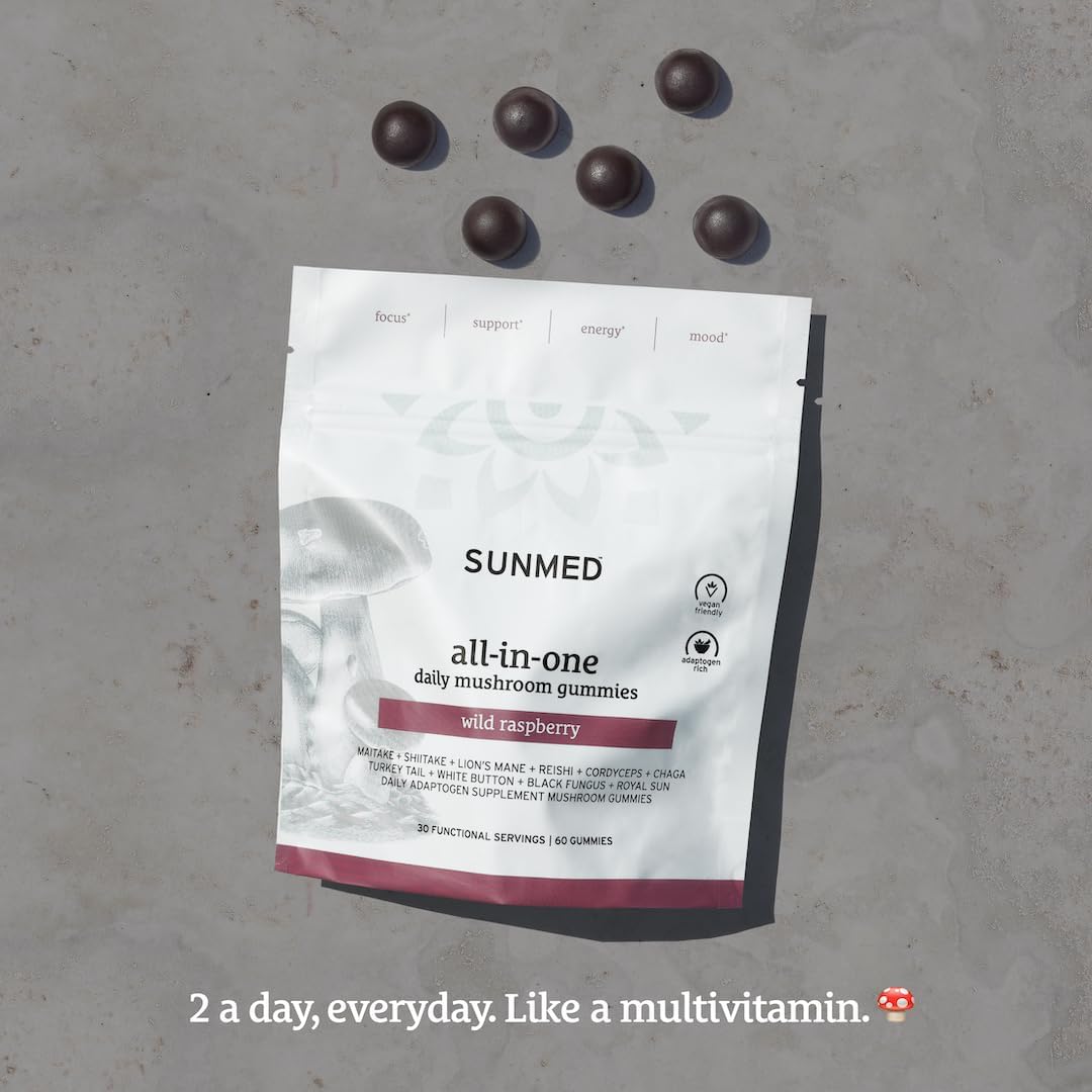 Enhance Focus and Mood with SUNMED All-in-One Mushroom Gummy Supplements - 60ct Cognitive and Immune Support with Wild Raspberry Flavor