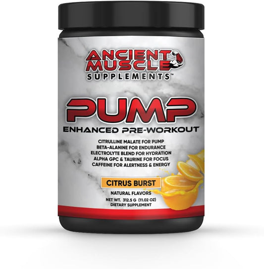 Enhanced Ancient Muscle Pump Pre Workout Supplement with Citrulline Malate, Beta Alanine, and Alpha GPC for Improved Energy and Focus - Citrus Burst Flavor