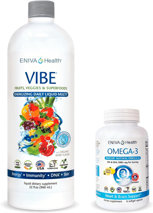 Eniva Vibe Fruit Liquid Multivitamin with Omega-3 Fish Oil - Daily Health Supplement Set