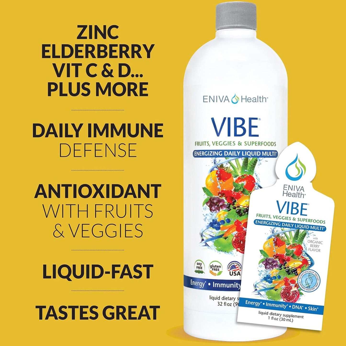 Eniva Vibe Fruit Liquid Multivitamin with Omega-3 Fish Oil - Daily Health Supplement Set
