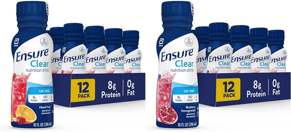 Ensure Clear Nutrition Drink Variety Pack, 0g Fat, 8g Protein, Mixed Fruit & Blueberry Pomegranate Flavors, 10 Fl Oz, 12 Pack