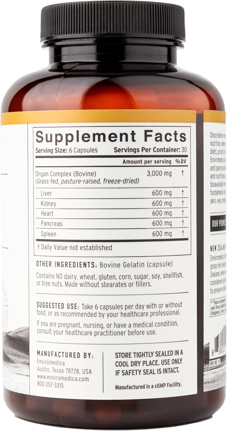 Enviromedica Grass-Fed Organ Complex: Freeze-Dried Beef Liver, Kidney, Heart, and Pancreas - 180 Capsules