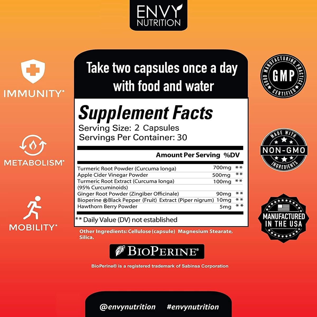 Envy Nutrition Turmeric & Ginger Capsules with Apple Cider Vinegar - Immunity & Metabolism Support - 95% Curcuminoids, Bioperine - 60 Count