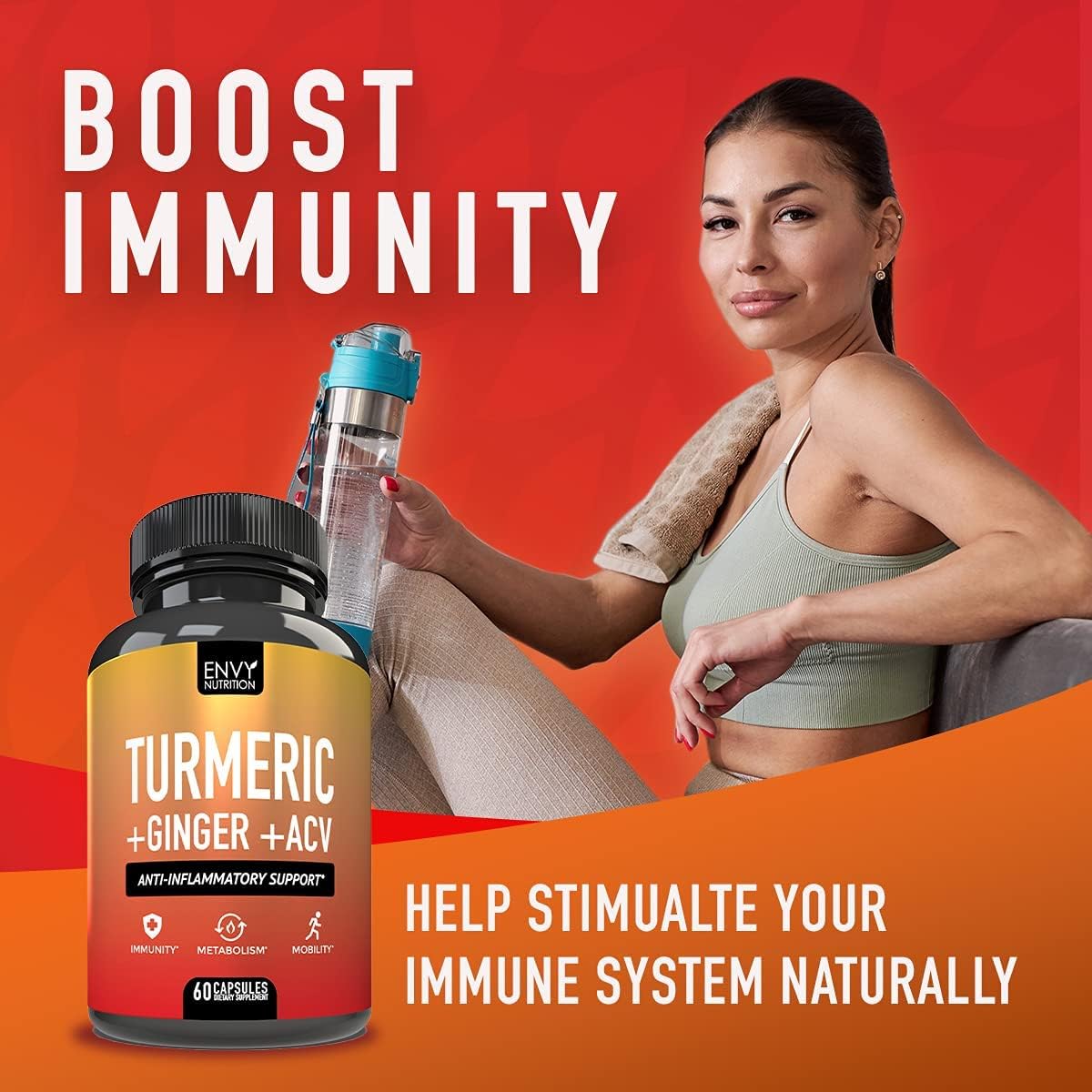 Envy Nutrition Turmeric & Ginger Capsules with Apple Cider Vinegar - Immunity & Metabolism Support - 95% Curcuminoids, Bioperine - 60 Count