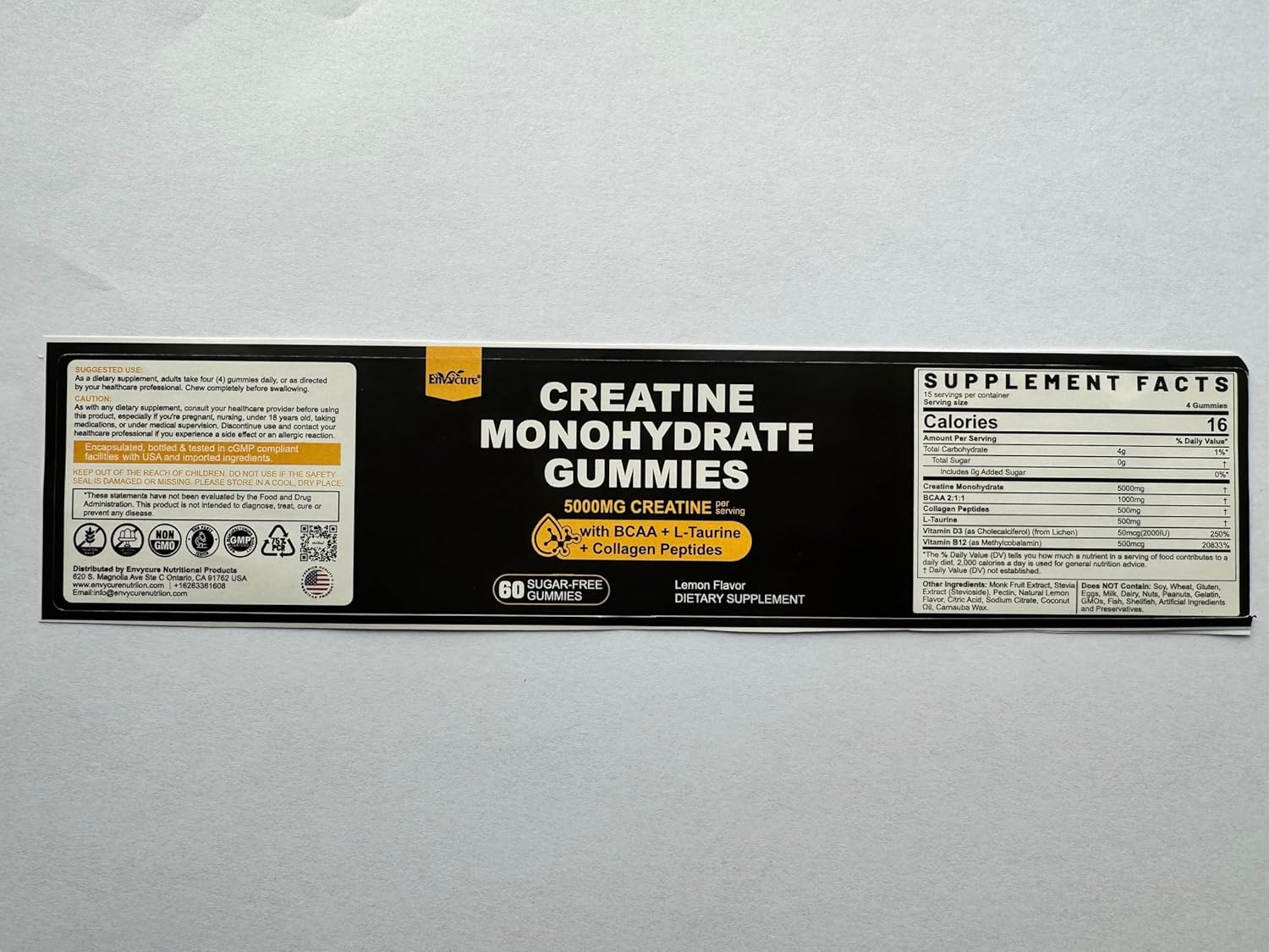 envycure Creatine Gummies with BCAA, Collagen, L-Taurine, Vitamin B12 & D3 - Natural Lemon Flavor, Sugar Free - 5g Creatine Per Serving - 30 Servings, 120 Count