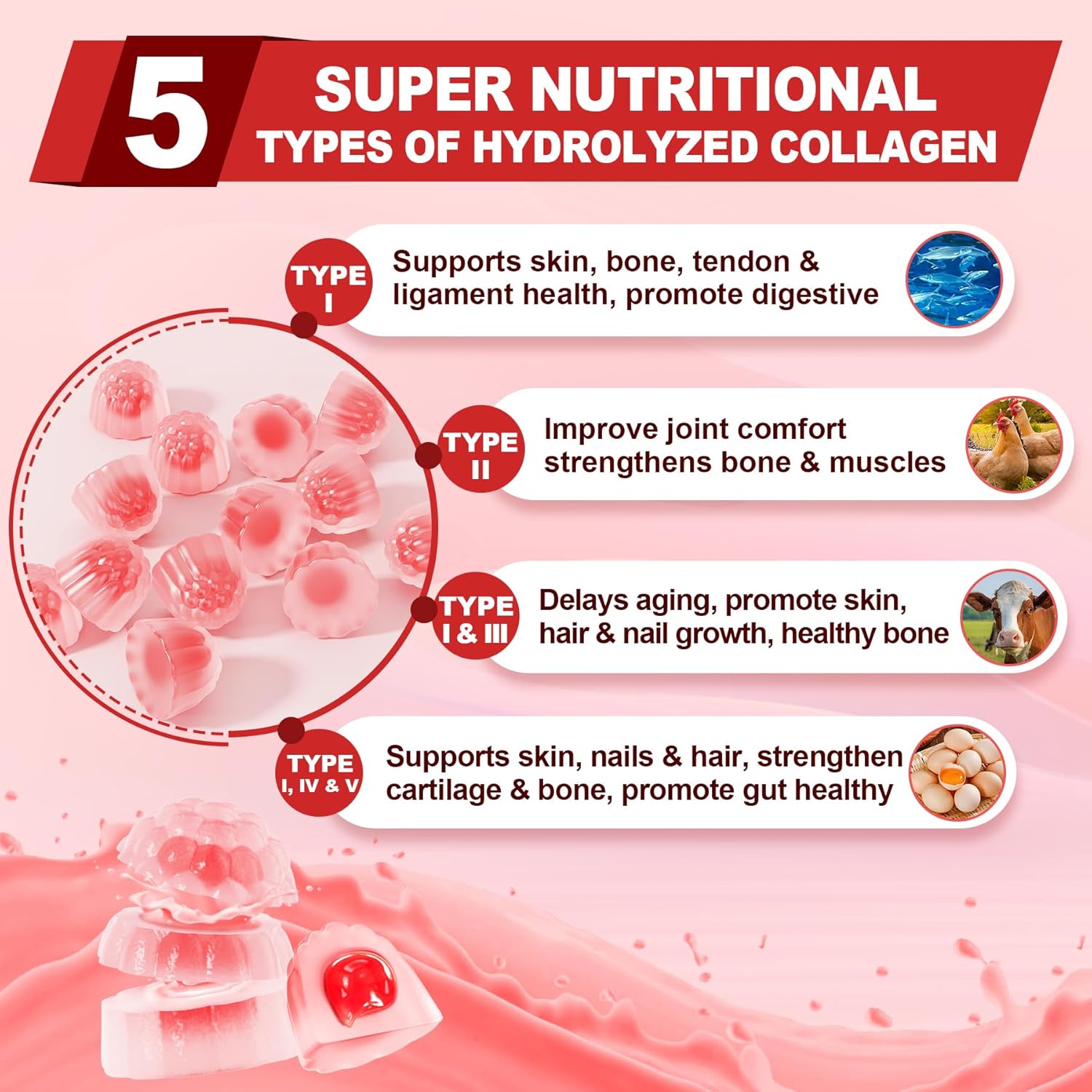 EnvyDeal Sugar-Free Collagen Peptide Gummies with 1500mg Protein & Essential Vitamins for Immune Health, Digestion, Skin, Hair, Nails, and Bones - 60 Count