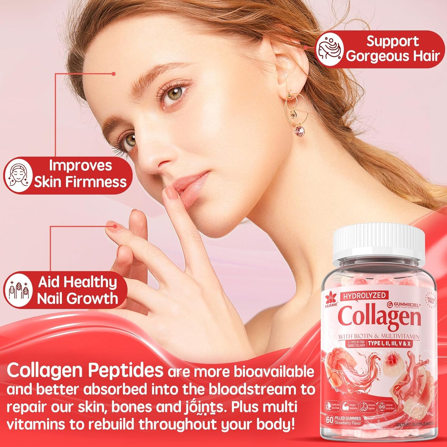 EnvyDeal Sugar-Free Collagen Peptide Gummies with 1500mg Protein & Essential Vitamins for Immune Health, Digestion, Skin, Hair, Nails, and Bones - 60 Count