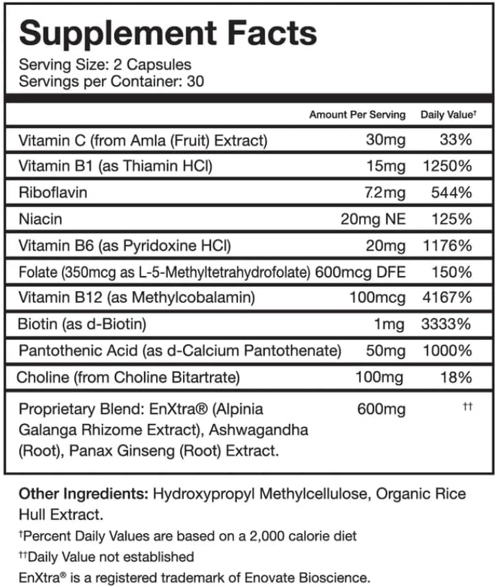ENXTRA Caffeine-Free Energy Boost Capsules with Riboflavin & Niacin - Enhances Focus and Productivity, 60 Count