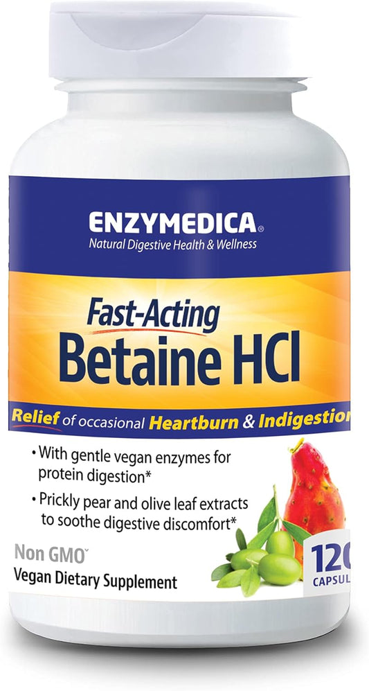Enzymedica Betaine HCl Capsules - Digestive Support for Occasional Heartburn, 120 Count
