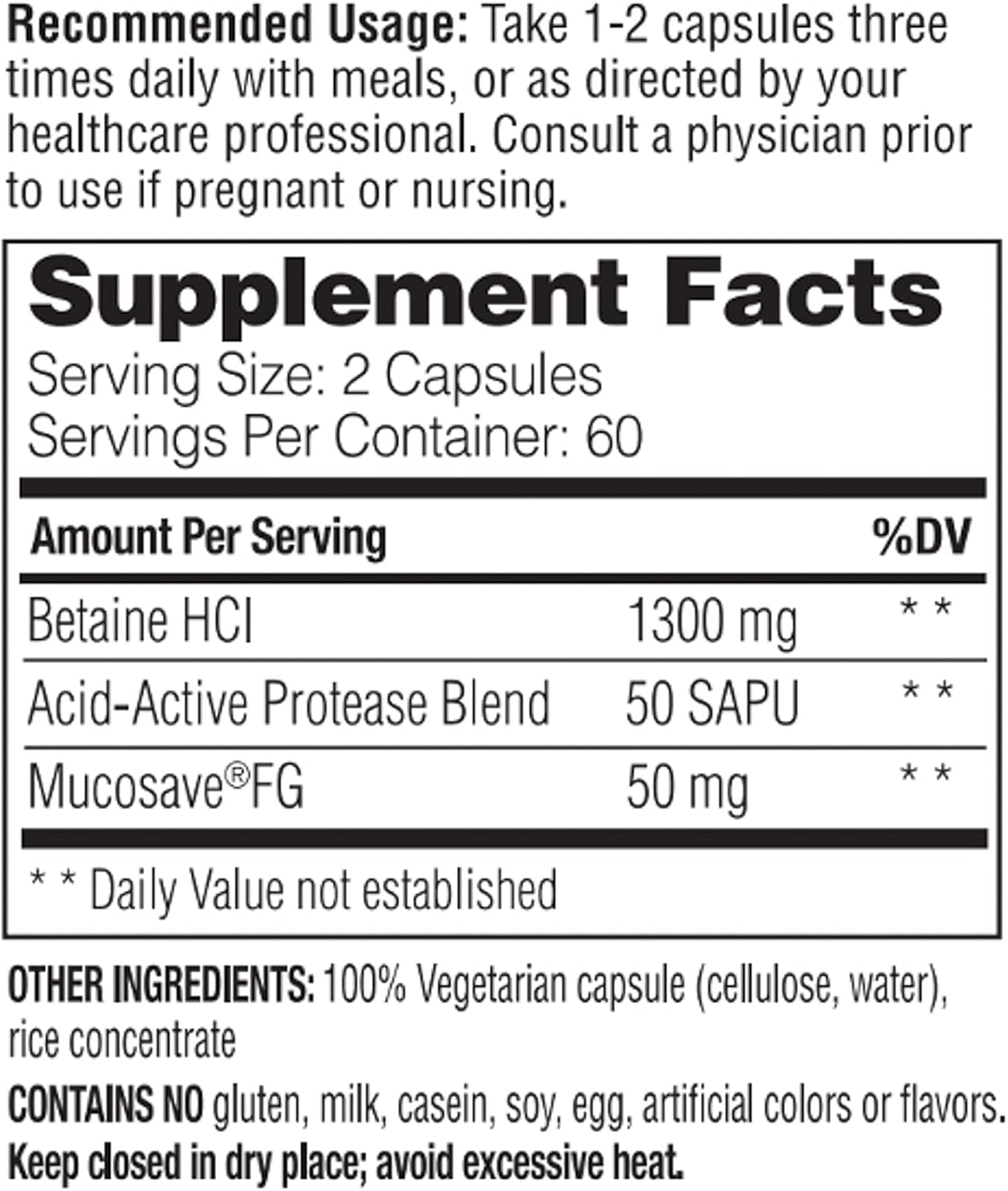 Enzymedica Betaine HCl Capsules - Digestive Support for Occasional Heartburn, 120 Count