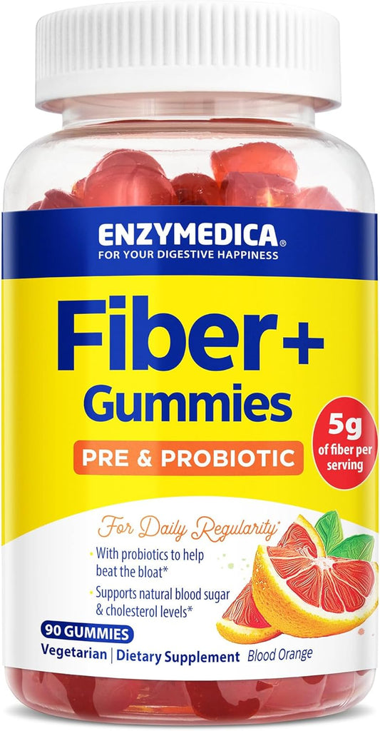 Enzymedica Fiber+ Gummies with Prebiotics & Probiotics - 5g Fiber, Vegetarian Digestive Health Supplement - Kids & Adults, 90 ct Blood Orange Flavor