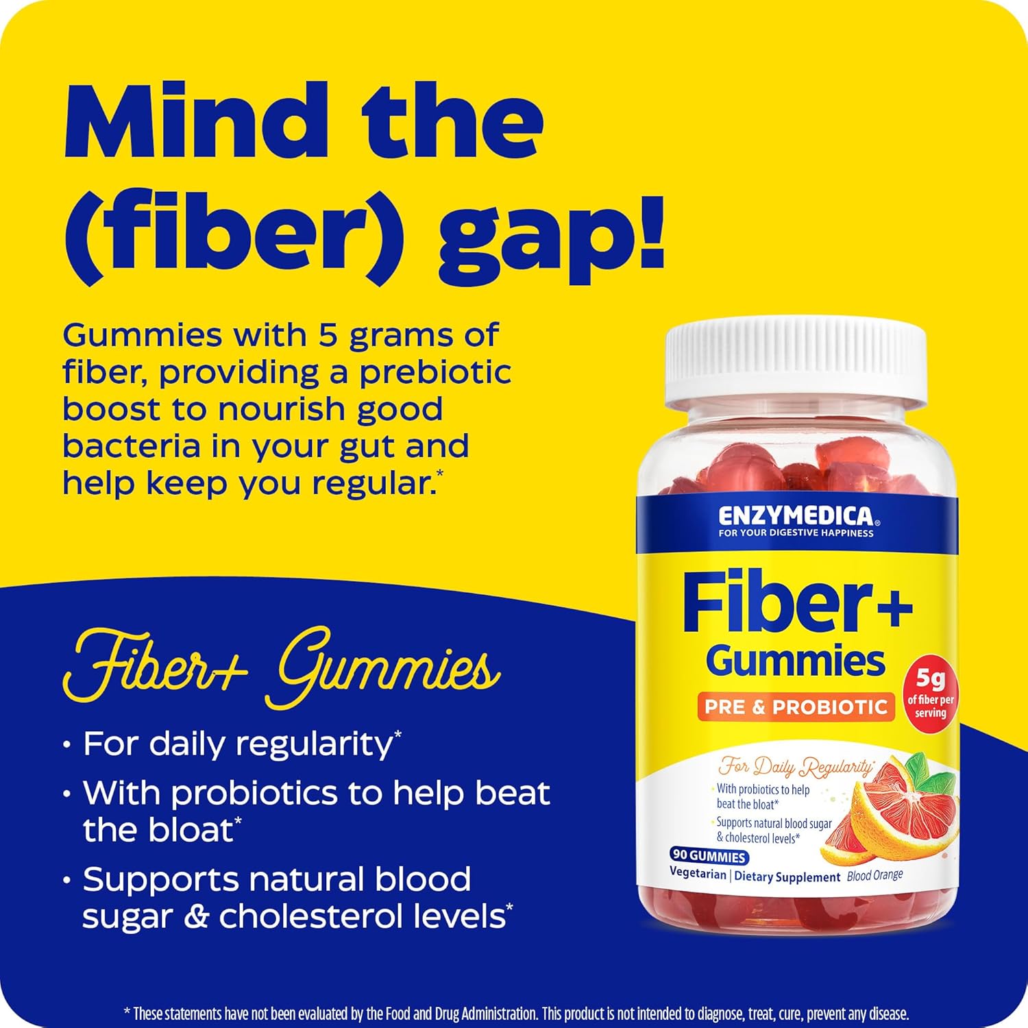 Enzymedica Fiber+ Gummies with Prebiotics & Probiotics - 5g Fiber, Vegetarian Digestive Health Supplement - Kids & Adults, 90 ct Blood Orange Flavor