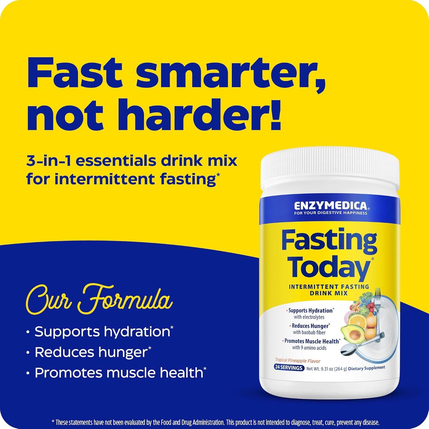 Enzymedica Intermittent Fasting Drink Mix: Electrolyte Powder Supplement for Hydration, Appetite Control & Muscle Health - Keto Friendly, Tropical Pineapple Flavor, 24 Servings