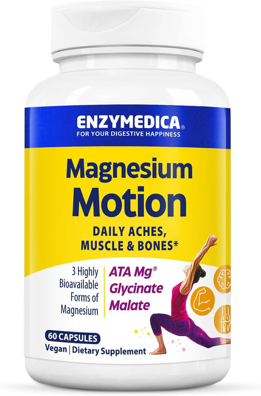 Enzymedica Magnesium Motion Supplement with ATA Mg, Glycinate, Malate - 60 Count - Supports Bone & Muscle Health, Relieves Aches