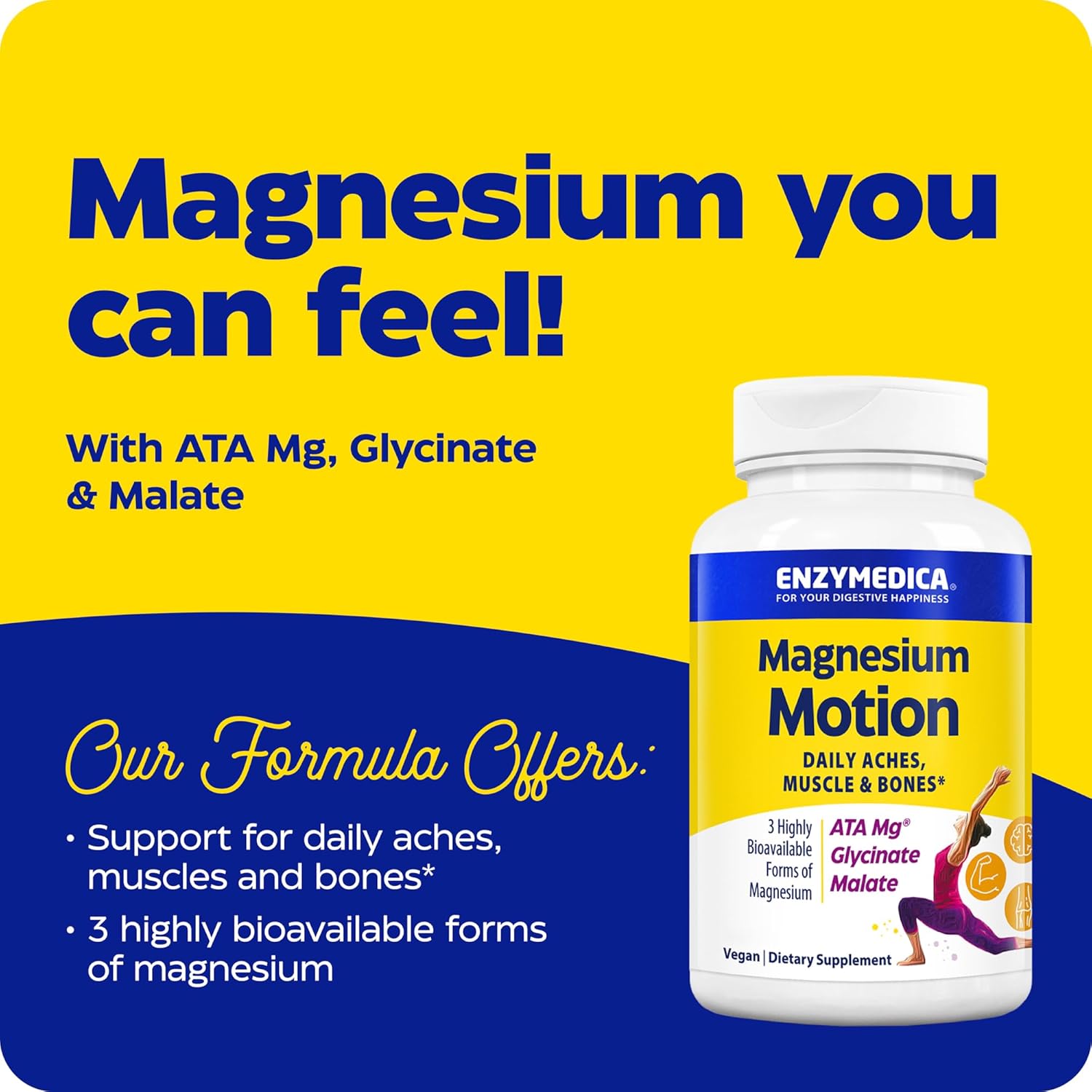 Enzymedica Magnesium Motion Supplement with ATA Mg, Glycinate, Malate - 60 Count - Supports Bone & Muscle Health, Relieves Aches