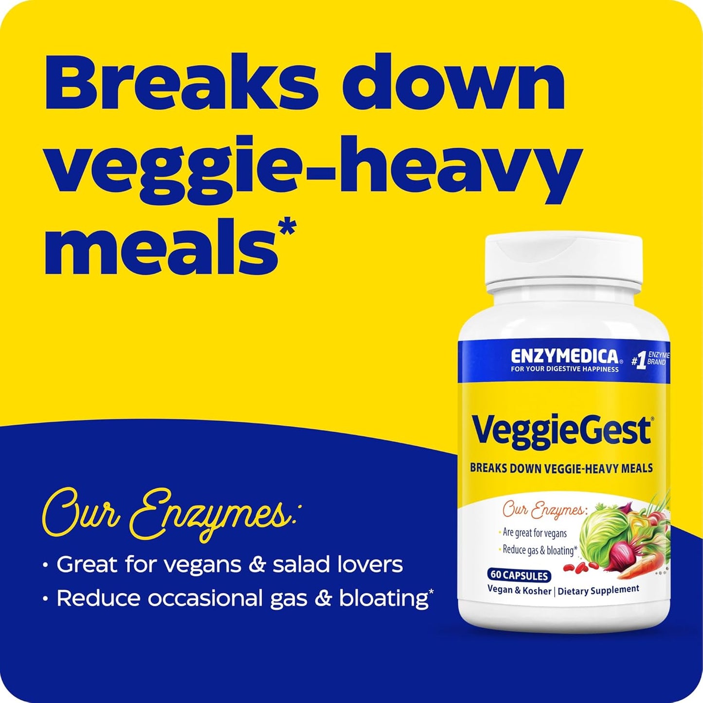 Enzymedica VeggieGest Digestive Enzymes - Vegan & Vegetarian Diet Support, Gas & Bloating Relief - 60 Count