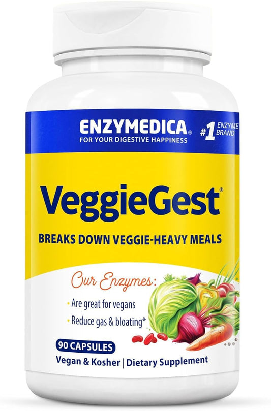 Enzymedica VeggieGest Digestive Enzymes for Vegan & Vegetarian Diets, 90 Count - Gas & Bloating Relief