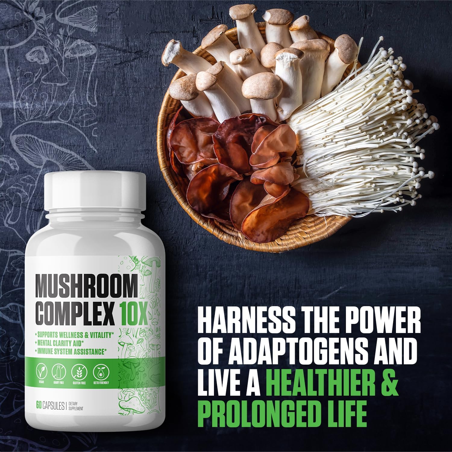 EPN Supplements Mushroom Complex 10x Power | Top-Rated Immune System Boosting Supplement with Cordyceps, Reishi, Shiitake, Lions Mane | Supports Mental Clarity & Overall Health