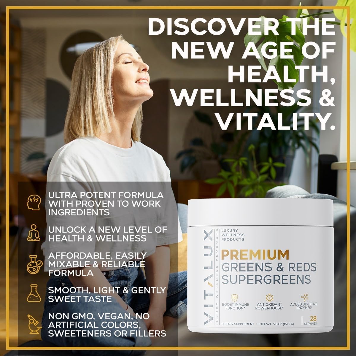 EPN Supplements VITALUX Premium Greens & Reds Superfood Powder - Immune Support, Antioxidants, Digestive Enzymes - 17 Ingredients - Vegan, USA Made - 28 Day Supply