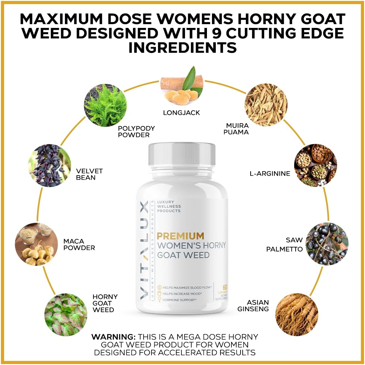 EPN Supplements VITALUX Premium Women's Horny Goat Weed Capsules - Female Health Support & Mood Enhancement - 60 Count