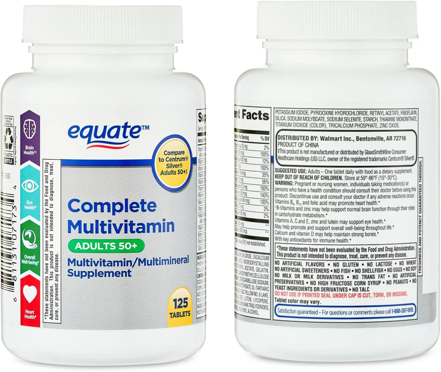 Equate Adult 50+ Complete Multivitamin Tablets, Healthy Brain Support, 125 Pills - Compare to Centrum Silver