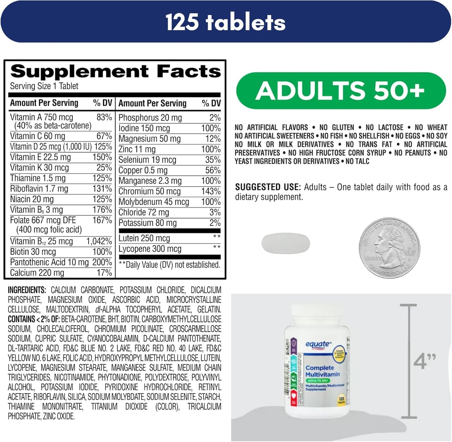 Equate Adult 50+ Complete Multivitamin Tablets, Healthy Brain Support, 125 Pills - Compare to Centrum Silver
