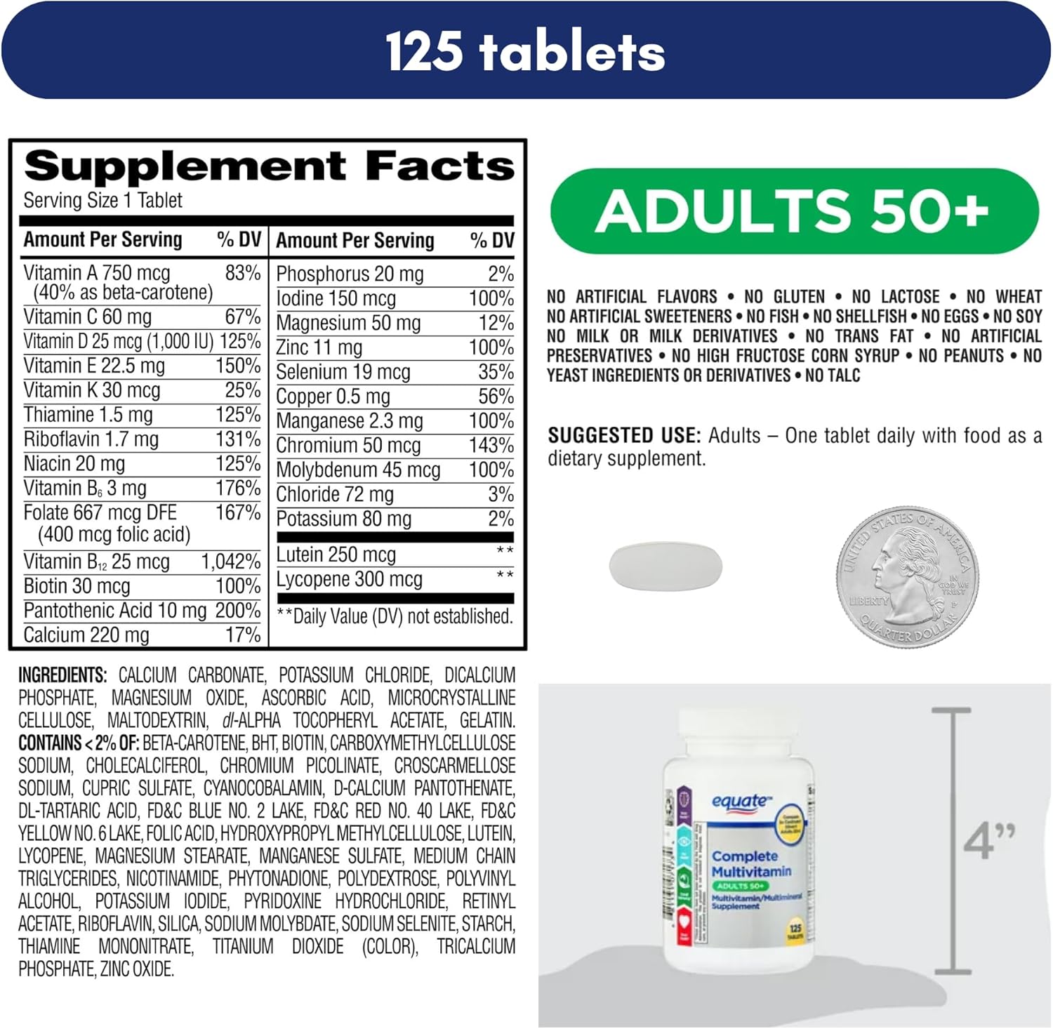 Equate Adult 50+ Complete Multivitamin Tablets, Healthy Brain Support, 125 Pills - Compare to Centrum Silver