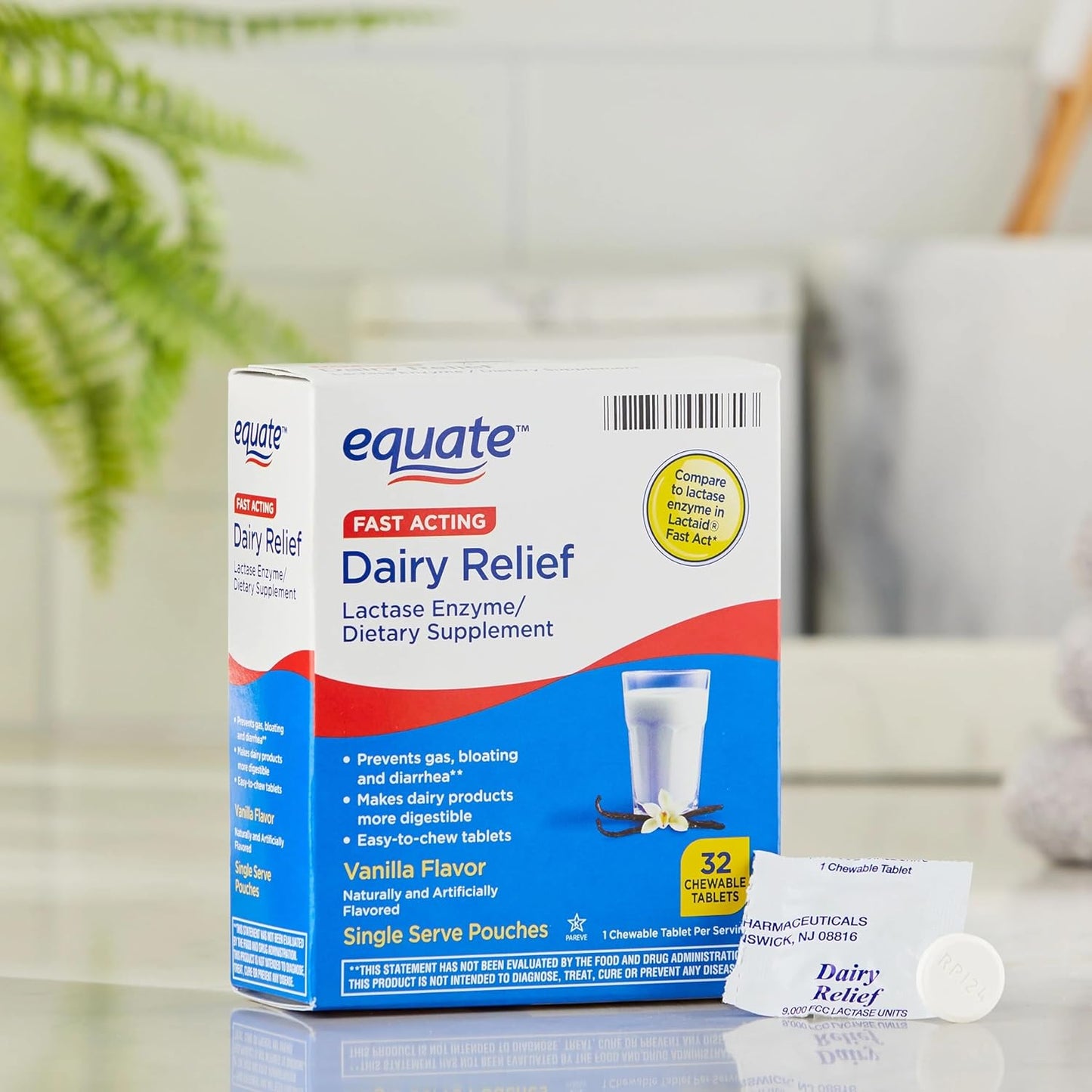 Equate Fast Acting Dairy Relief Lactase Enzyme Chewable Tablets 32 Count Pack with Bonus Sticker