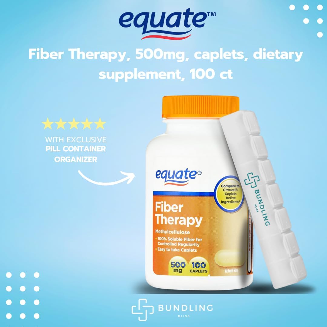Equate Fiber Therapy 500mg Supplement Bundle with 7 Day Pill Organizer - 100 Count